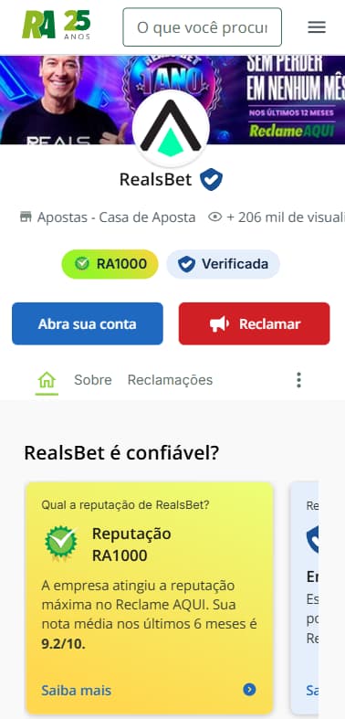 Perfil da Reals Bet no Reclame Aqui com selo RA1000