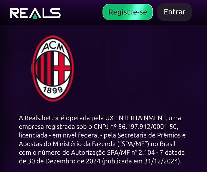 Captura de tela da seção de patrocínios da Reals Bet com o Milan.