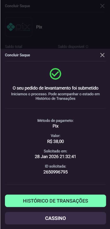 Confirmação de saque Pix concluído na Reals Bet