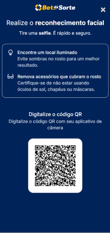 Tela de verificação facial da Bet da Sorte solicitando selfie e leitura de QR Code