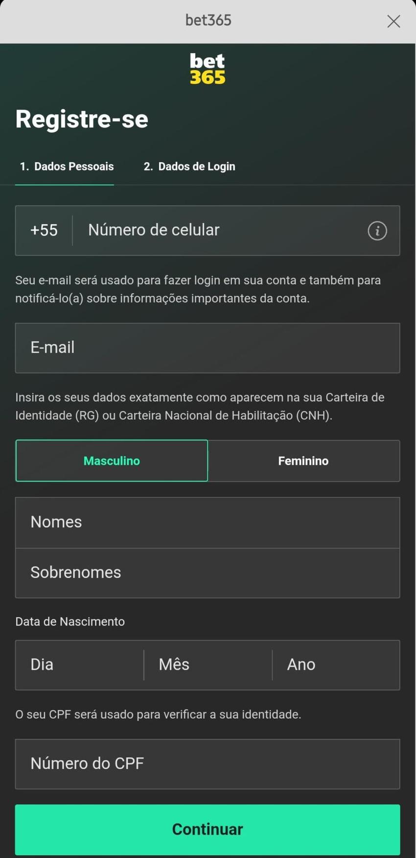 Captura de tela da página de cadastro da bet365 na versão mobile.