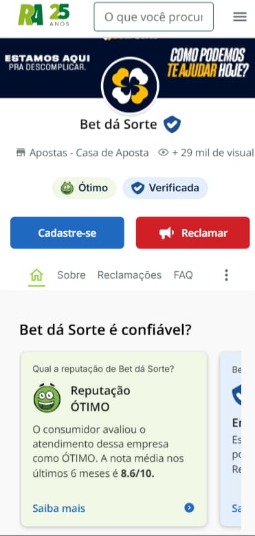 Perfil da Bet da Sorte no Reclame Aqui com reputação ótima e nota 8.6/10