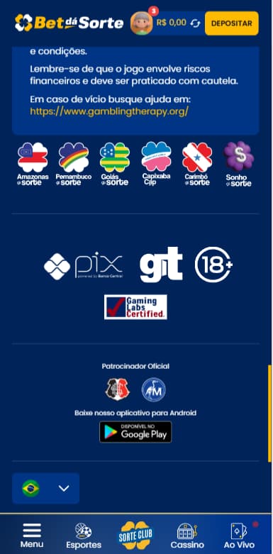 Rodapé do site Bet da Sorte exibindo os parceiros e patrocínio do Santa Cruz