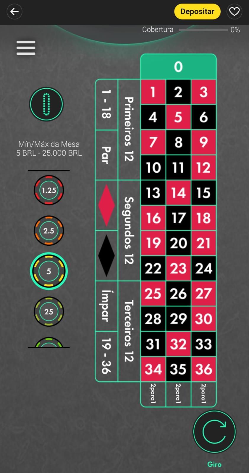 Captura de tela da roleta europeia bet365.