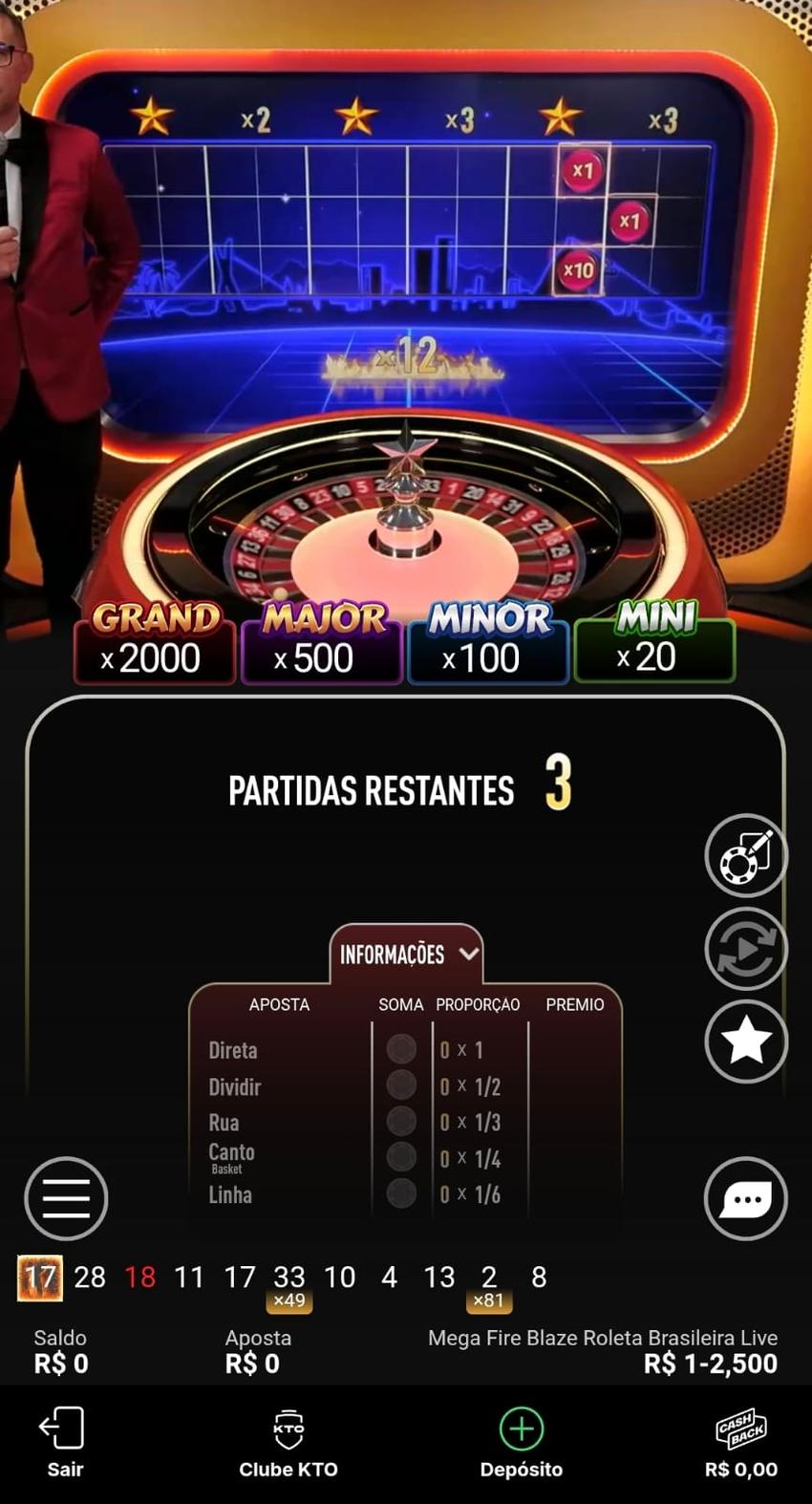Captura de tela jogando uma partida na Roleta Mega Fire Blaze Brasileira da KTO.