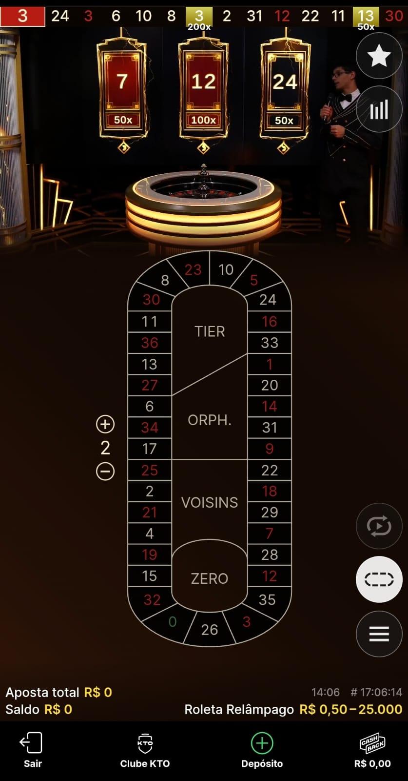 Captura de tela de uma rodada ao vivo na Roleta Relâmpago da KTO.