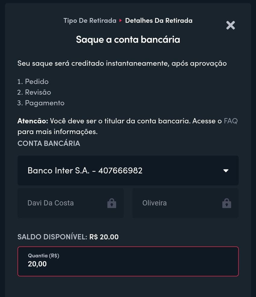 Captura de tela da função de sacar na Blaze.