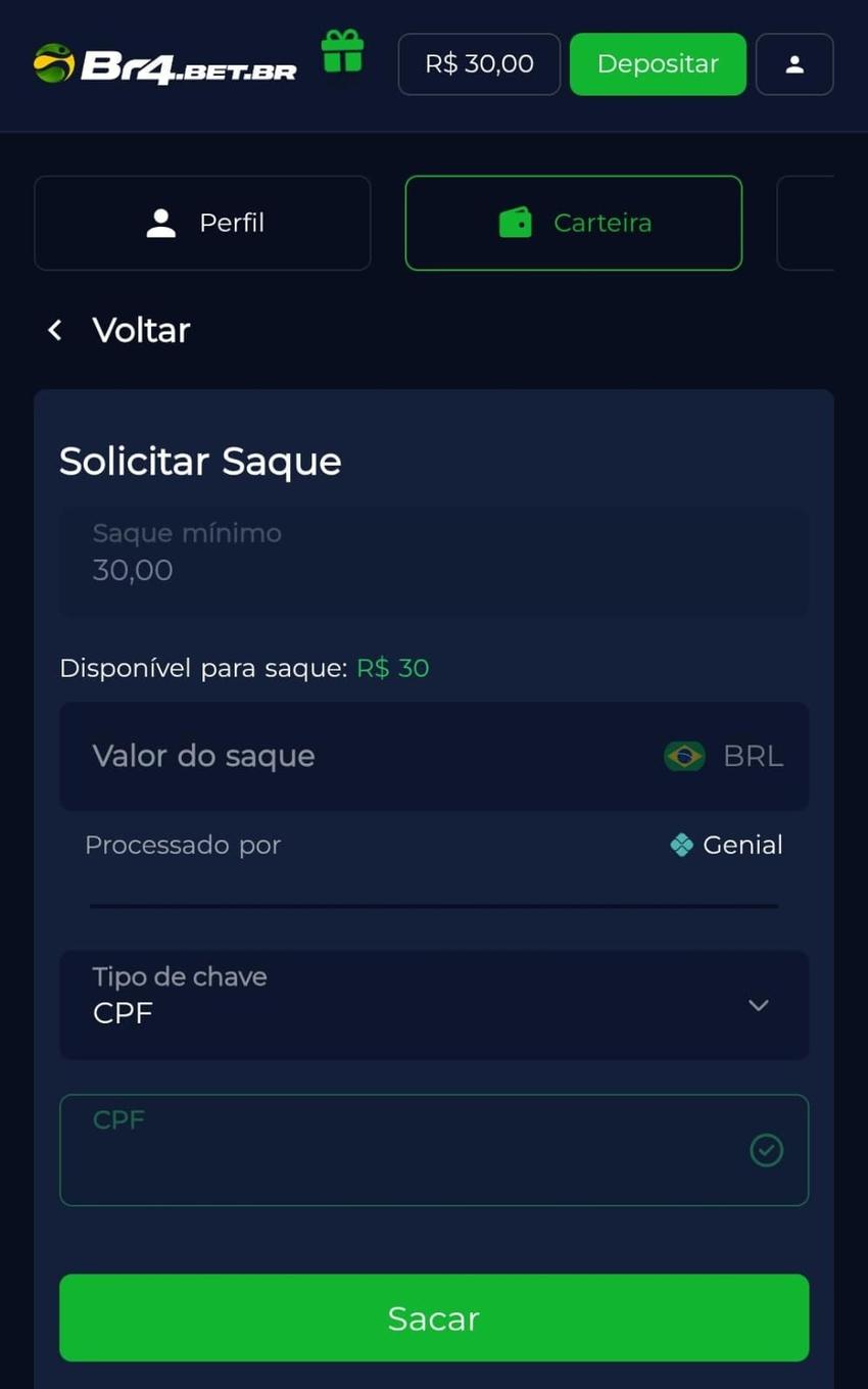 Captura de tela da página de saque da BR4Bet.