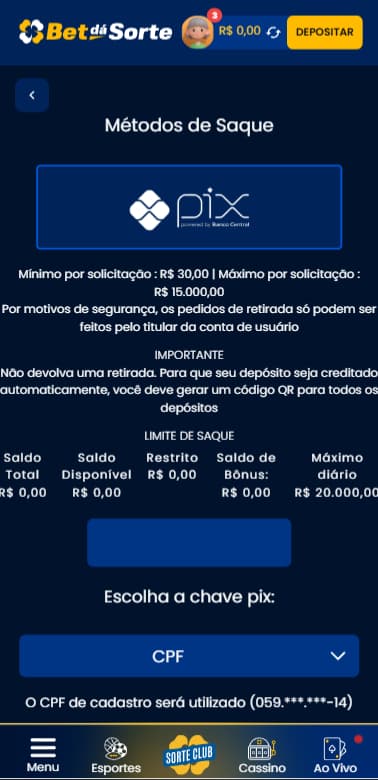 Página de saque via Pix na Bet da Sorte a partir de R$30