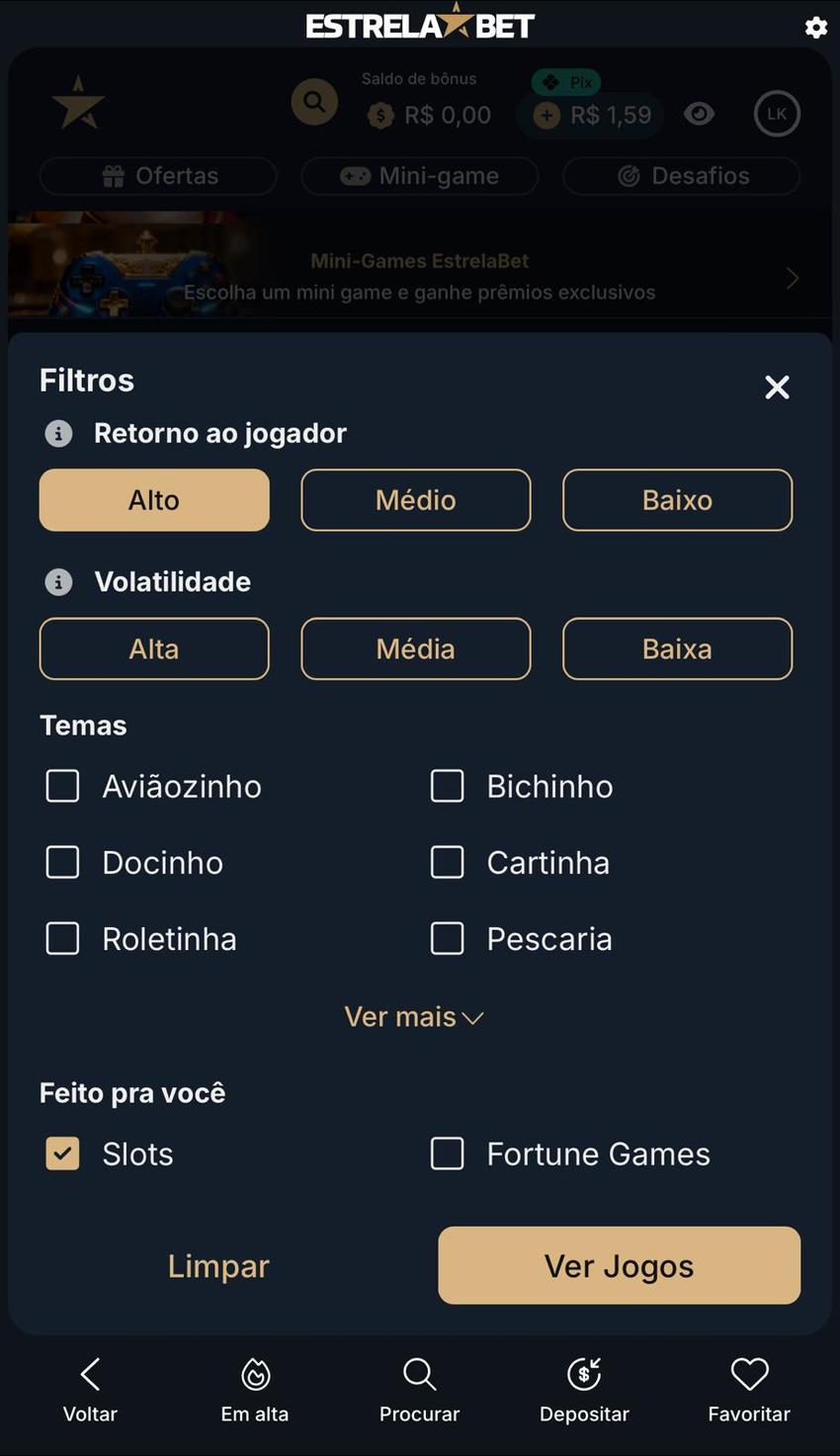 Captura de tela do filtro de busca na Estrela Bet.