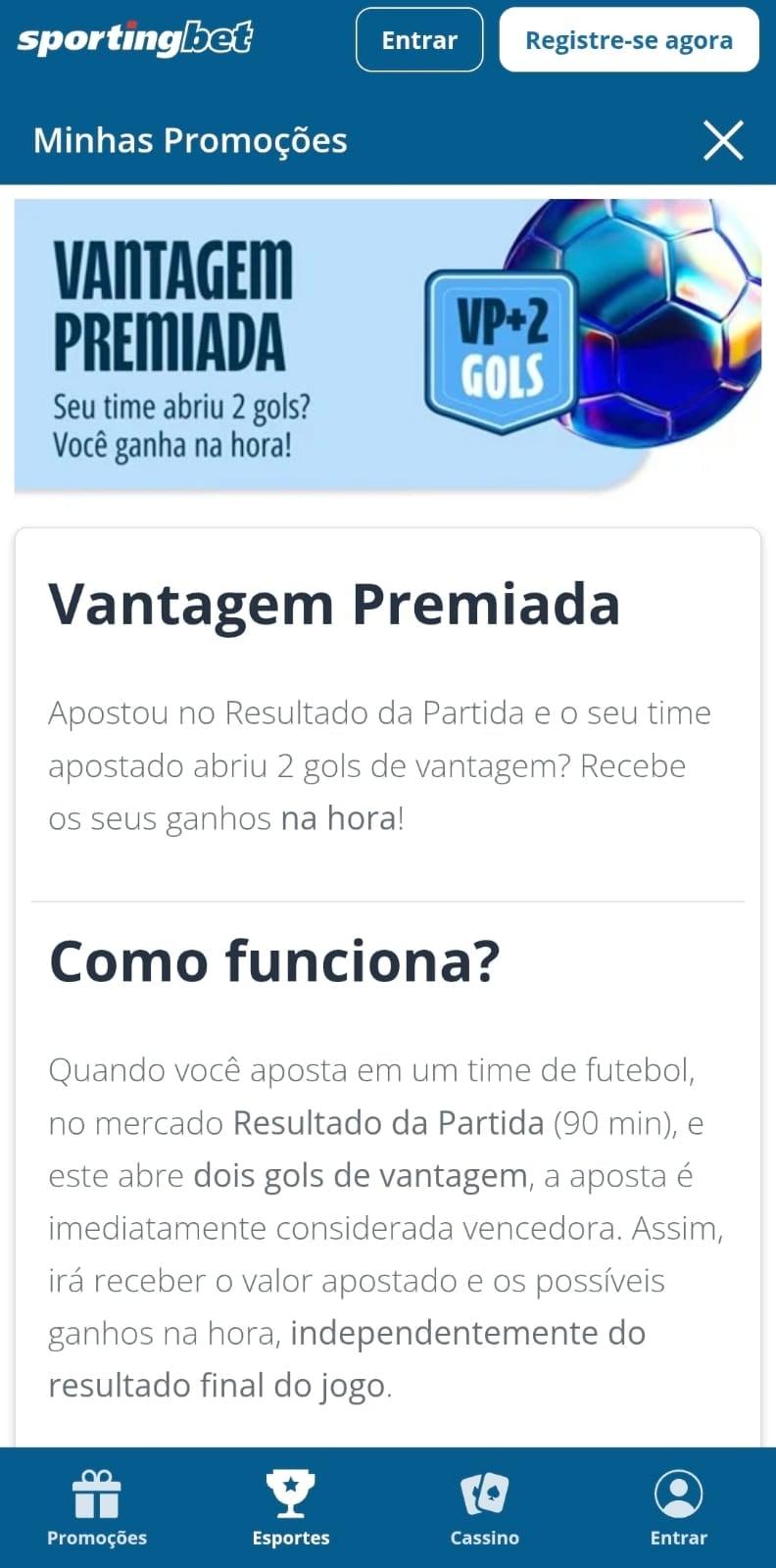 Captura de tela da Sportingbet com os detalhes da oferta Vantagem Premiada válida para o futebol.