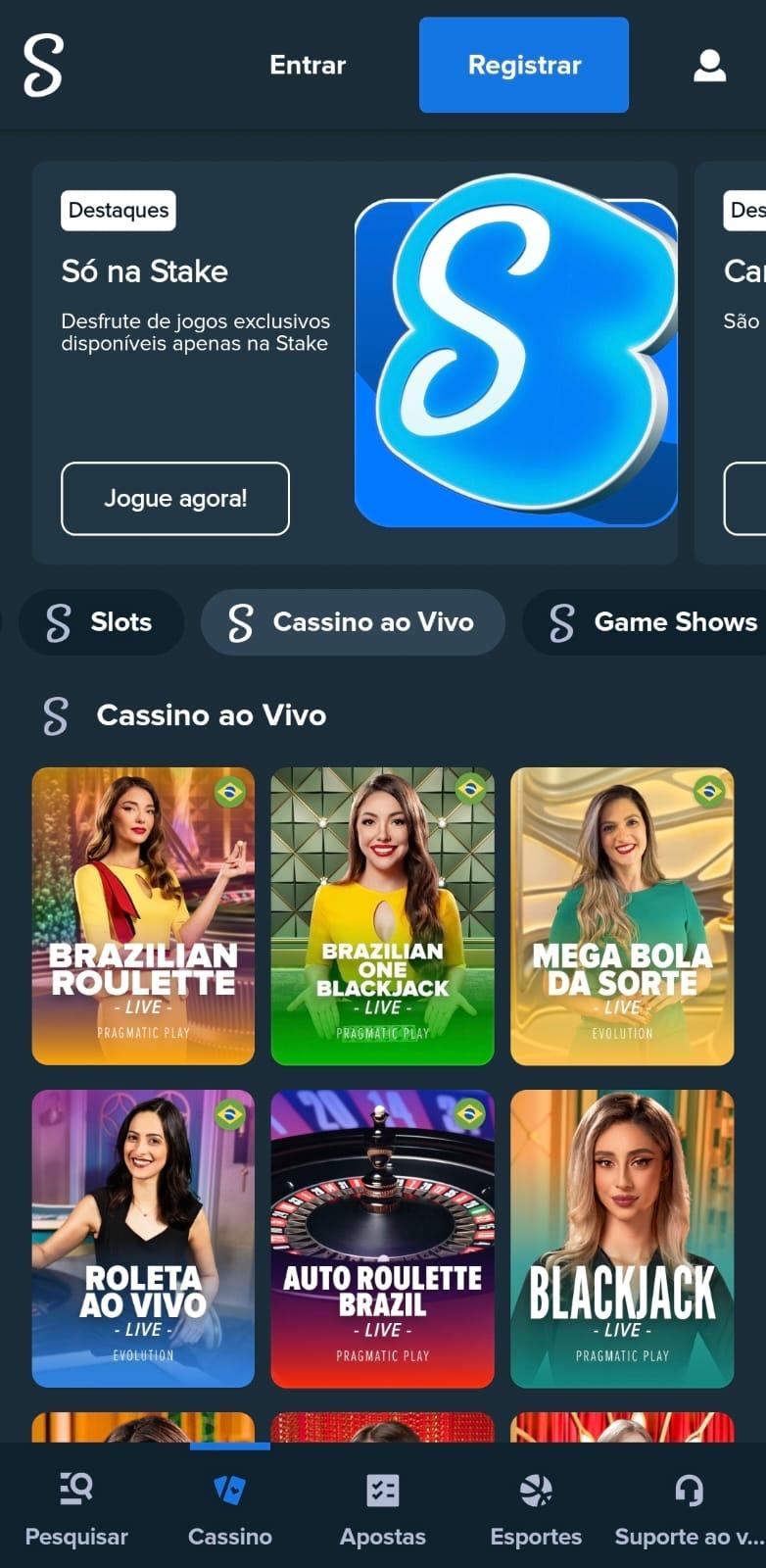 Captura de tela dos jogos de cassino ao vivo na Stake com as opções de roleta.