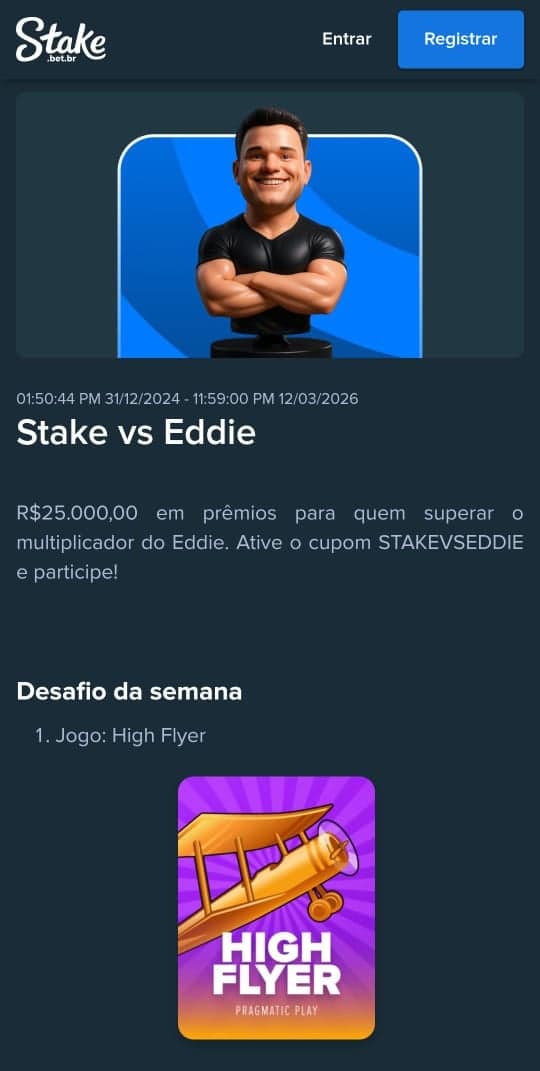 Captura de tela do bônus Stake vs Eddie, com R$25.000 em prêmio.