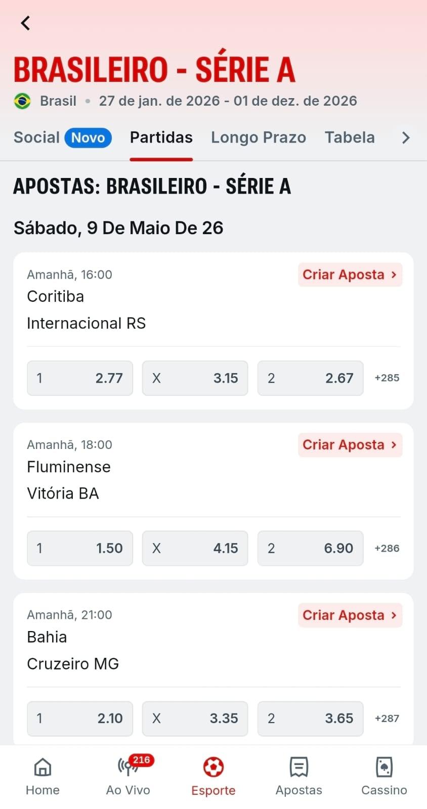 Captura de tela dos jogos do Brasileirão para apostar na Superbet.