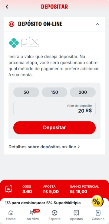 Depósito rápido Superbet via Pix com geração de QR Code