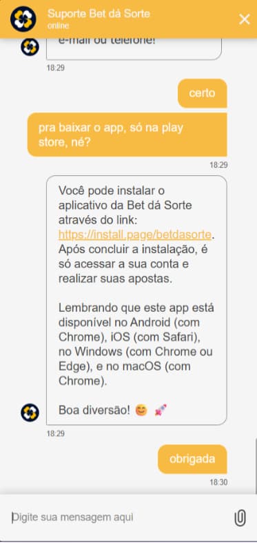 Conversa no chat de suporte da Bet da Sorte