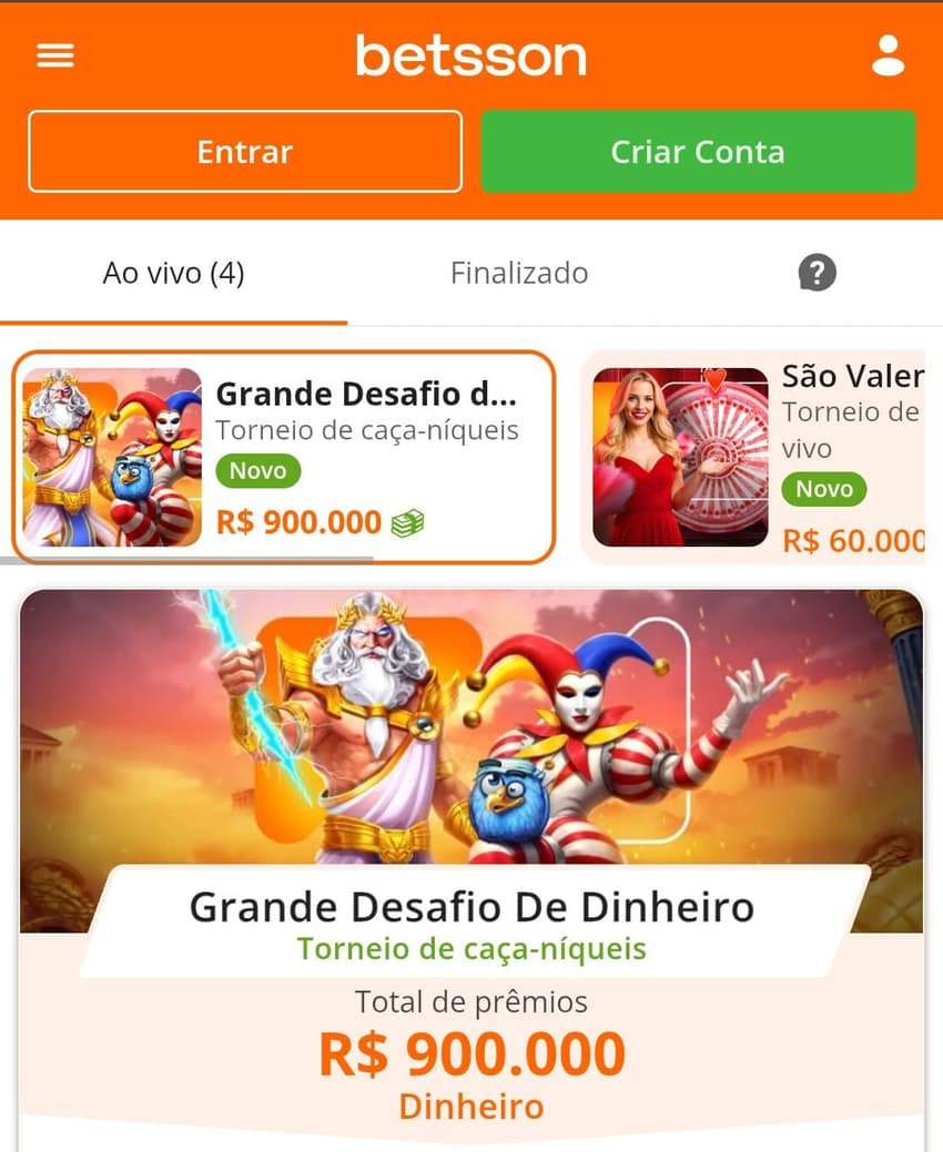 Captura de tela do Grande Desafio de Dinheiro da Betsson, que distribui R$900 mil em prêmios via Pix.