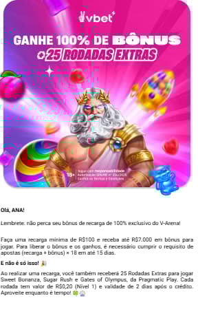  Promoção VBet com 100% de bônus e 25 rodadas grátis na V-Arena
