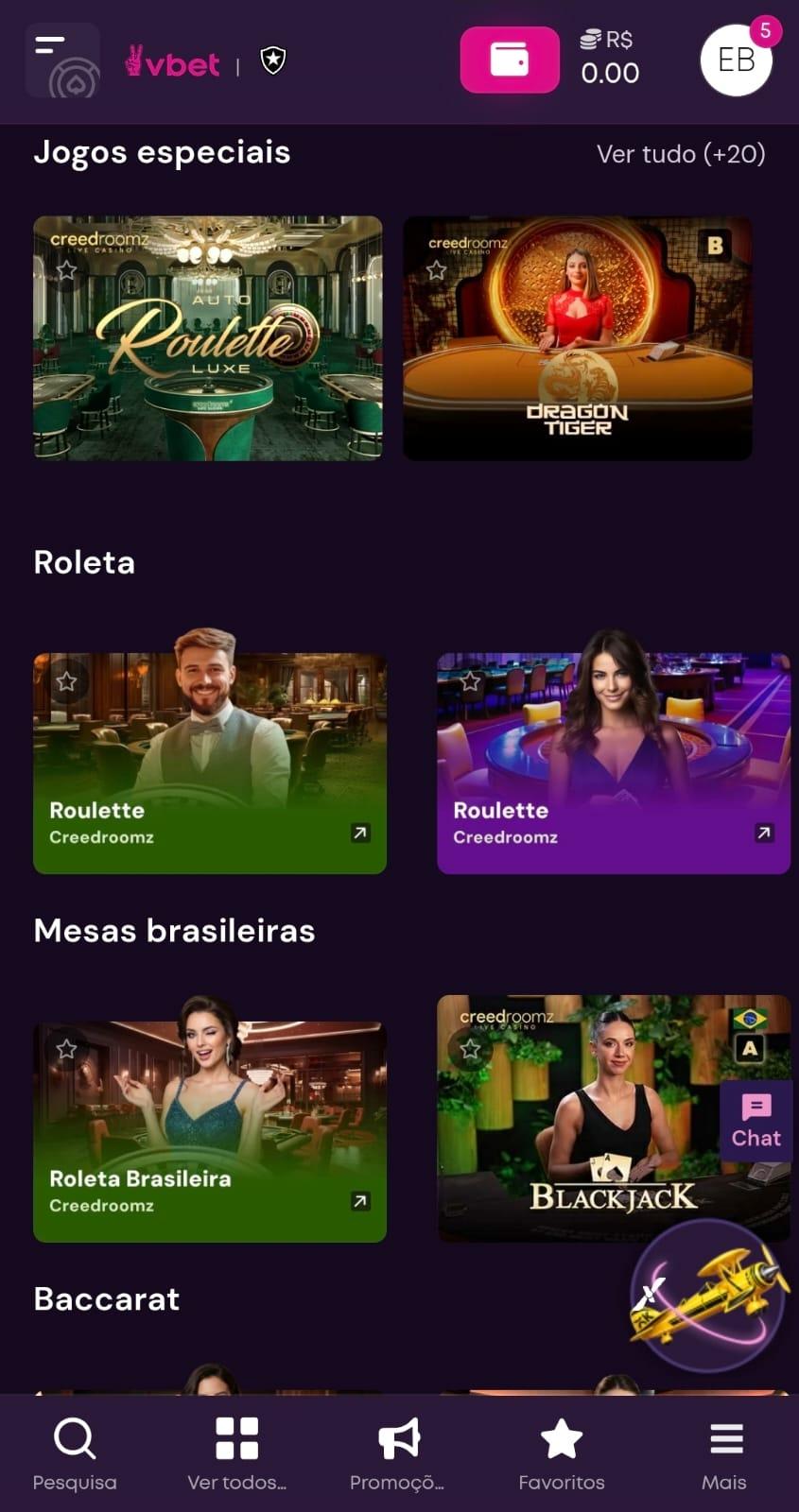 Captura de tela da Vbet na página oficial do cassino ao vivo com jogos especiais, roletas e mesas brasileiras disponíveis.