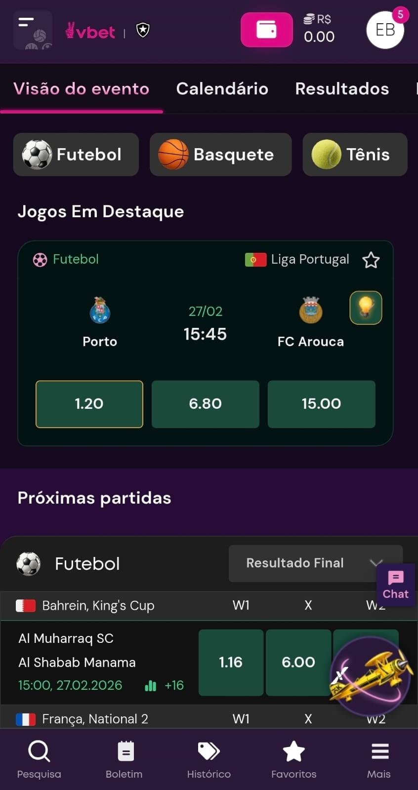 Captura de tela da página inicial da Vbet com os jogos em destaque na categoria esportiva.