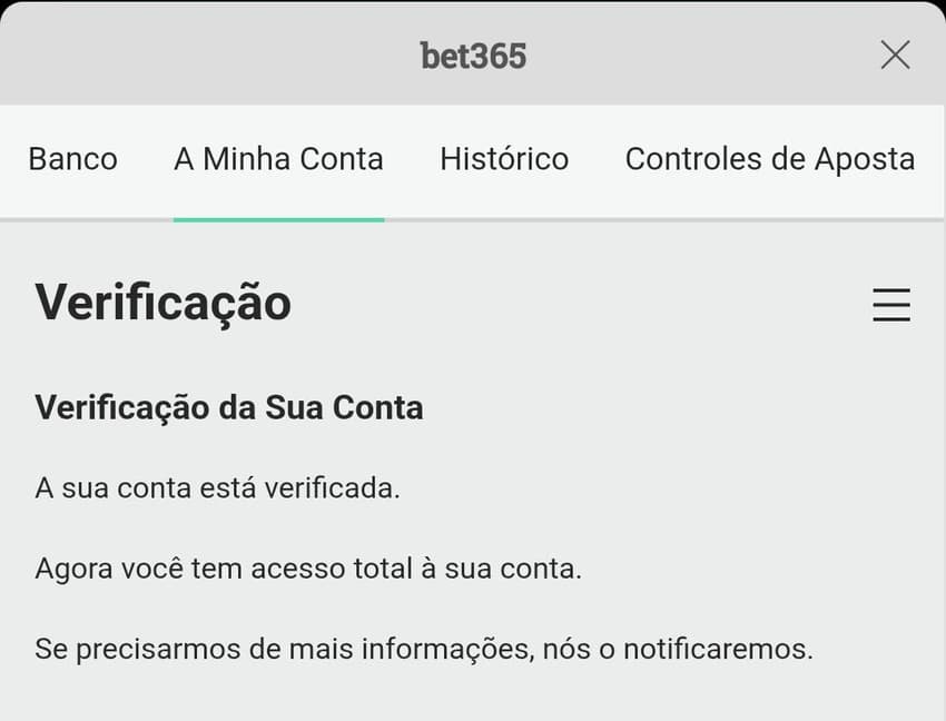 Captura de tela da aba 'minha conta' na bet365 com verificação de identidade completa.