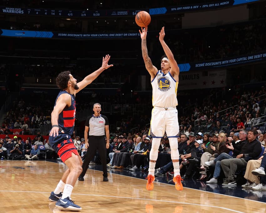 Gui Santos em ação pelos Warriors contra o Washington Wizards (Foto: Stephen Gosling/NBA Entertainment/Getty Images)