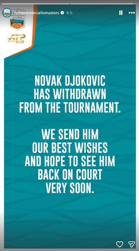 Organização do Masters 1000 de Monte Carlo anuncia desistência de Novak Djokovic (Foto: Reprodução/ Instagram)