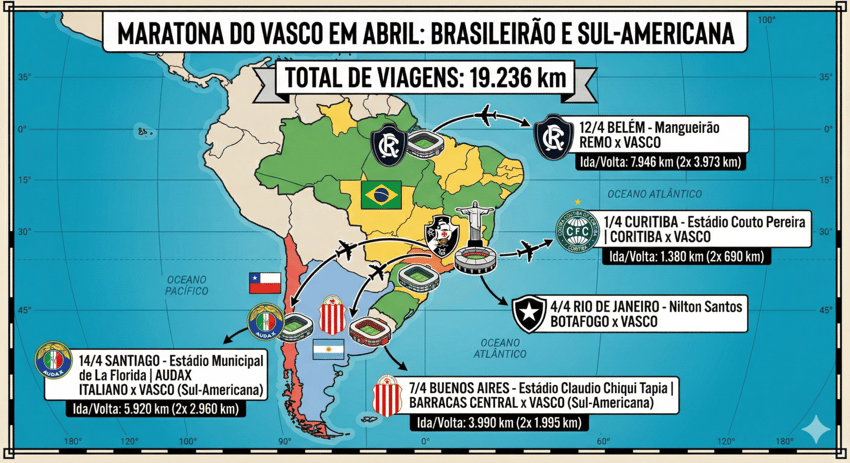 Intinerário de viagens do Vasco na primeira quinzena de abril (Foto: Gemini)