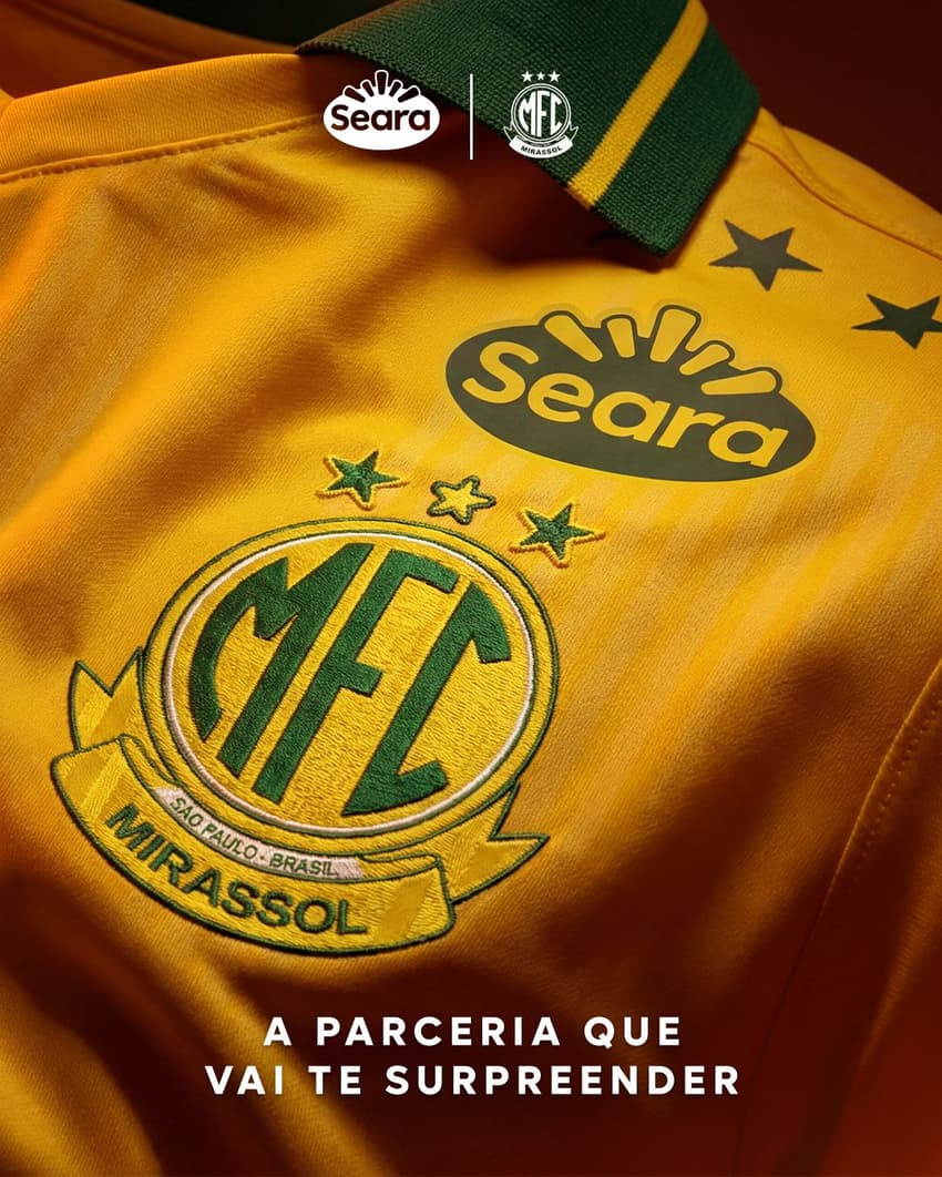 Mirassol divulga Seara como novo patrocinador no ombro da camisa oficial. (Foto: Pedro Zacchi/Agência Mirassol)