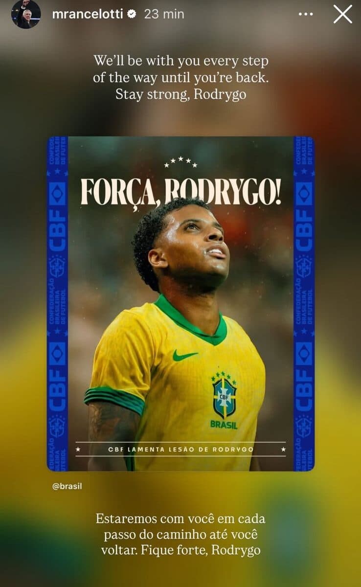 Carlo Ancelotti, treinador da Seleção, publicou uma mensagem de apoio a Rodrygo após confirmação de lesão (Foto: Reprodução/Instagram)