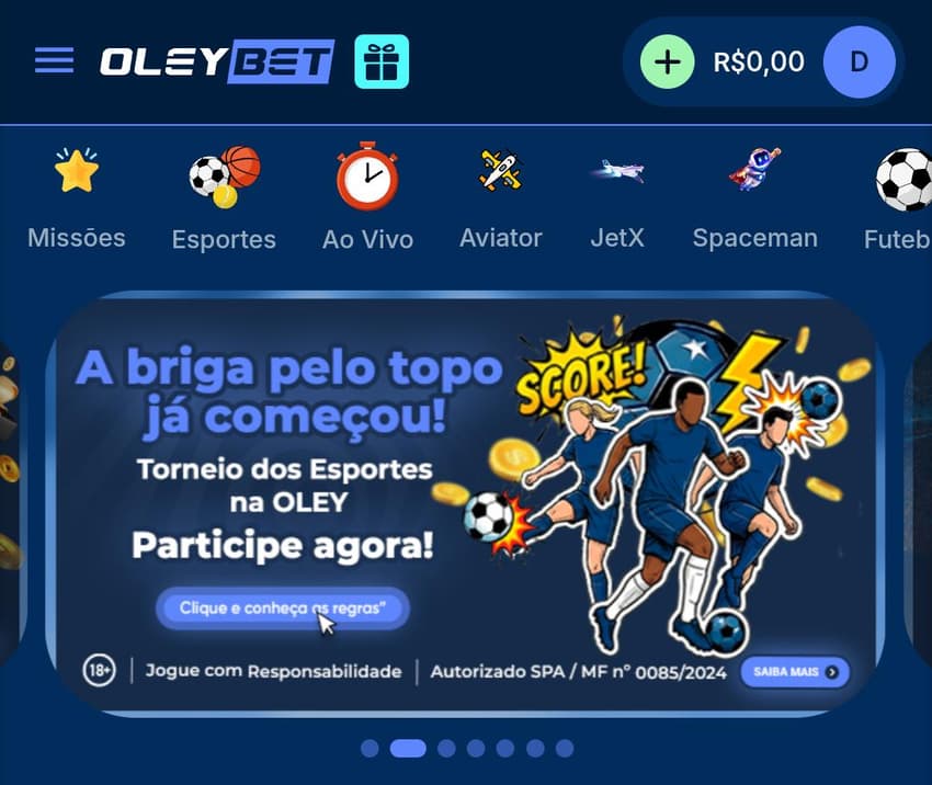 Captura de tela da página de esportes da Oleybet.