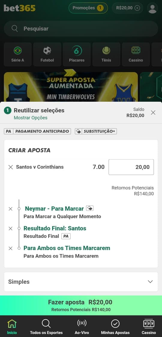 Captura de tela mostrando uma aposta esportiva na bet365.