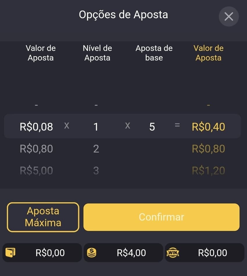 Captura de tela dos ajustes de apostas no Fortune Tiger da BetBoom.