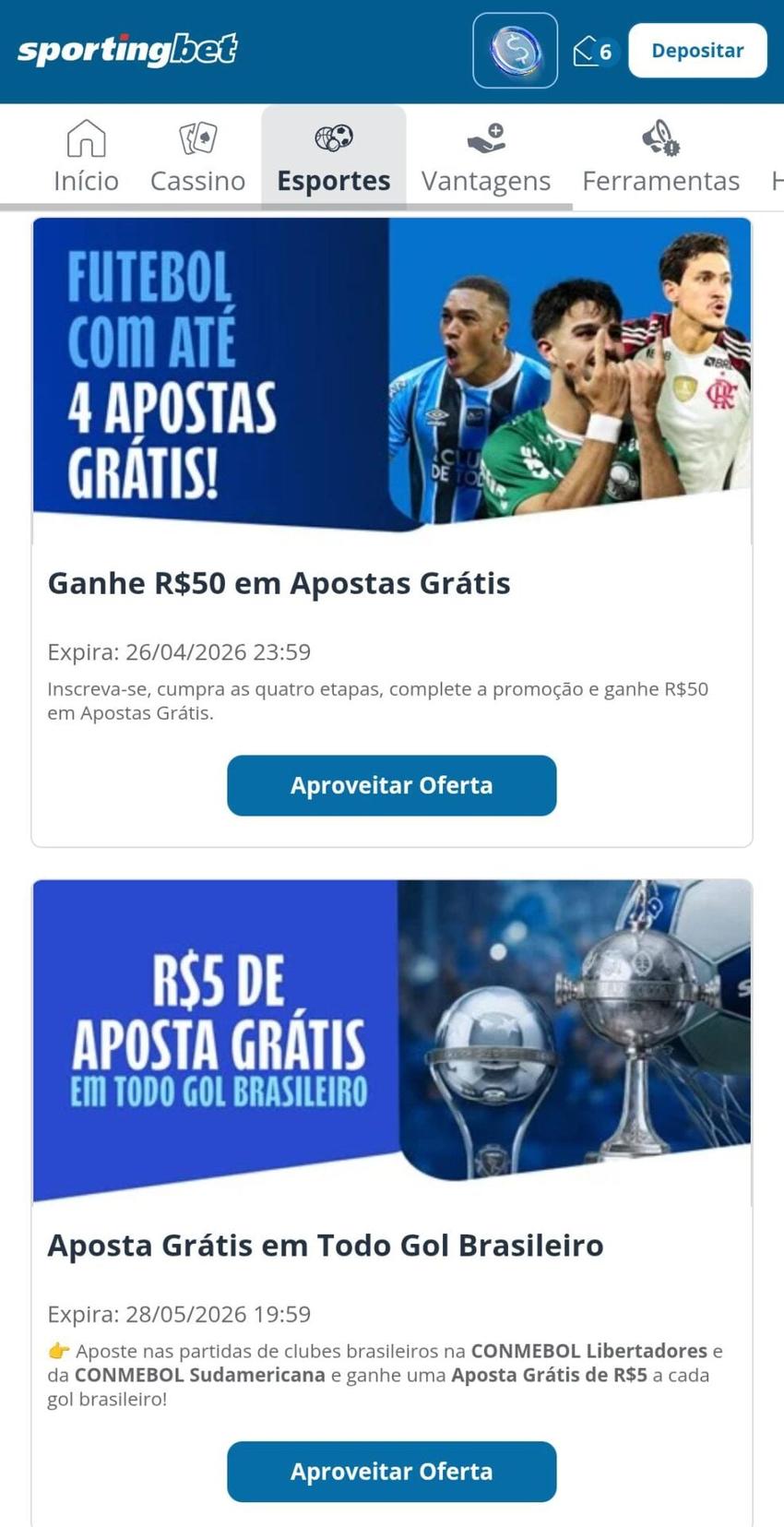 Captura de tela das promoções de aposta grátis na Sportingbet.