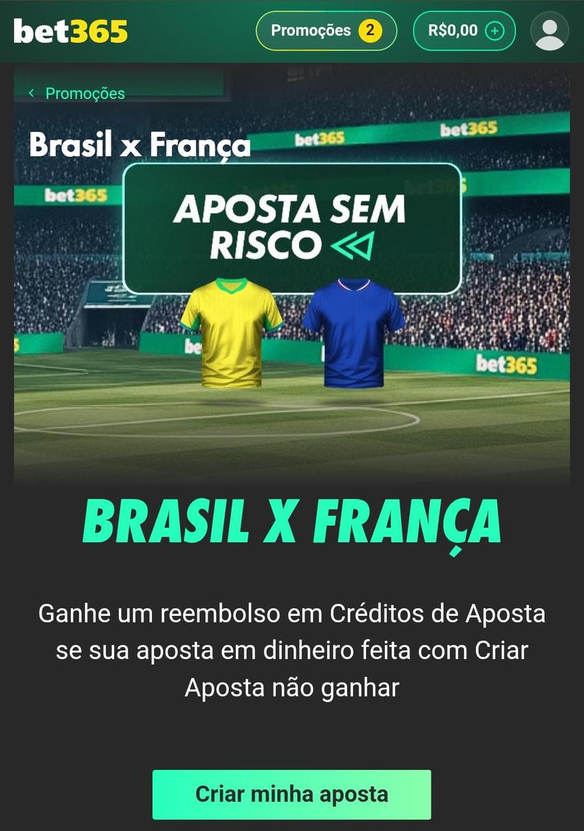 Captura de tela da promoção Aposta Sem Risco na partida Brasil x França na bet365.