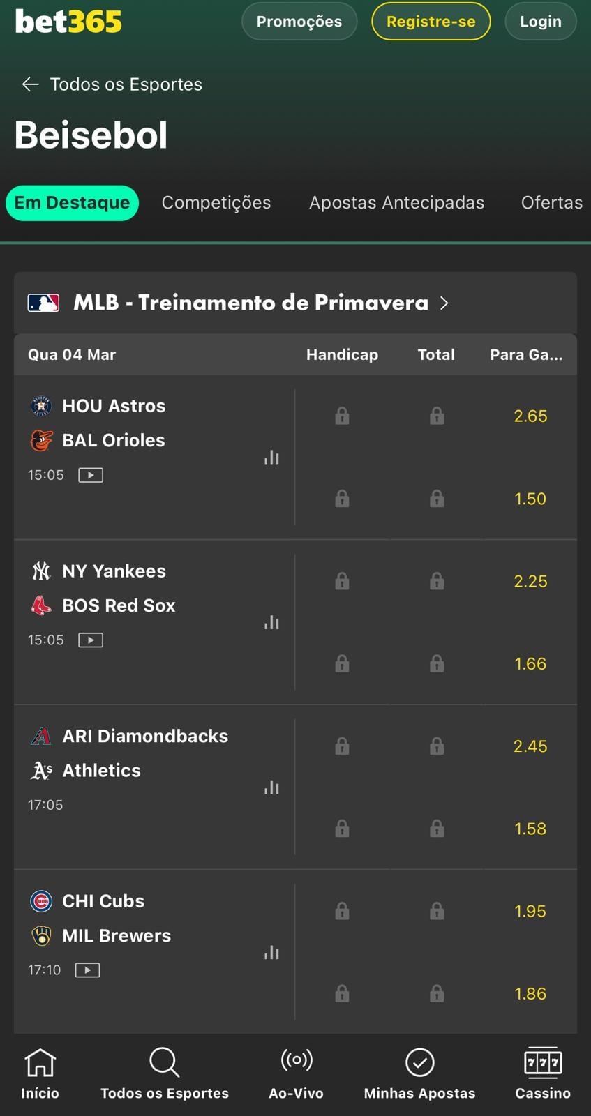 Captura de tela feita no dia 04/03/2026 mostra apostas em beisebol na bet365.