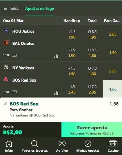 Captura da tela de apostas no beisebol na bet365 feita no dia 04/03/2026.