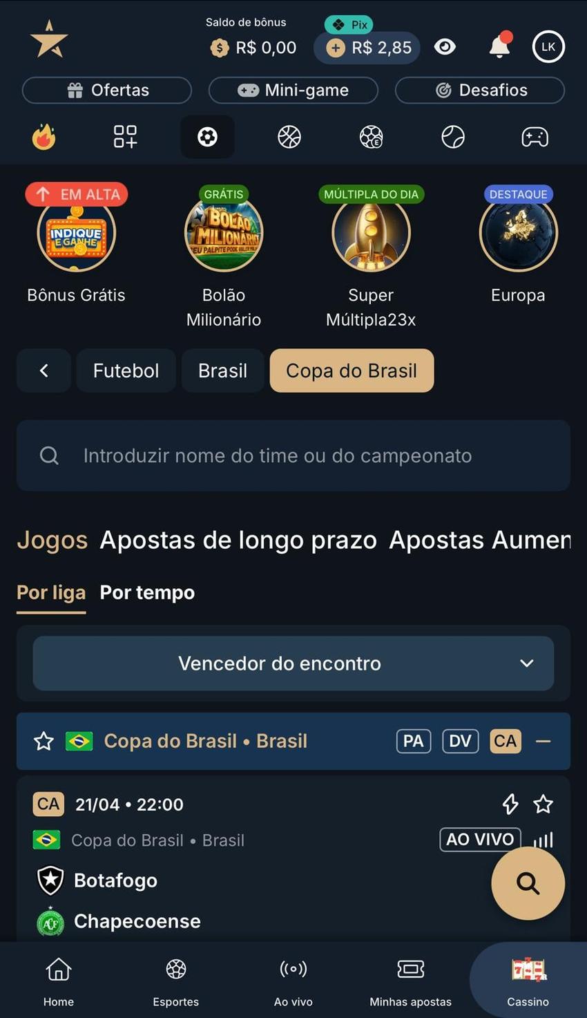 Captura da tela de apostas na Copa do Brasil na EstrelaBet.