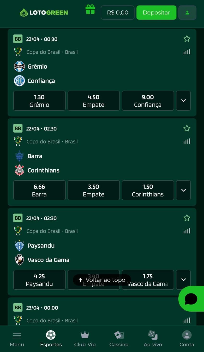 Captura da tela de apostas na Copa do Brasil na Lotogreen.