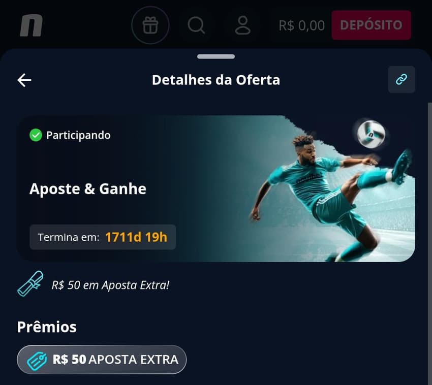 Captura de tela da promoção Aposte e Ganhe que libera R$50 de freebet na Novibet.