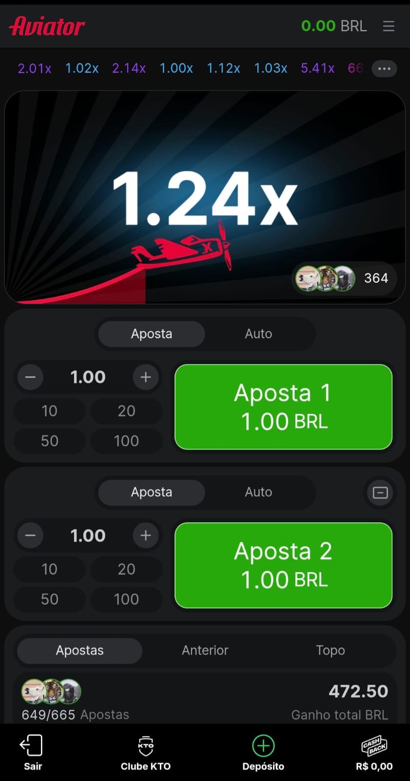 Captuar de tela do crash game Aviator sendo jogado no cassino oficial da KTO.