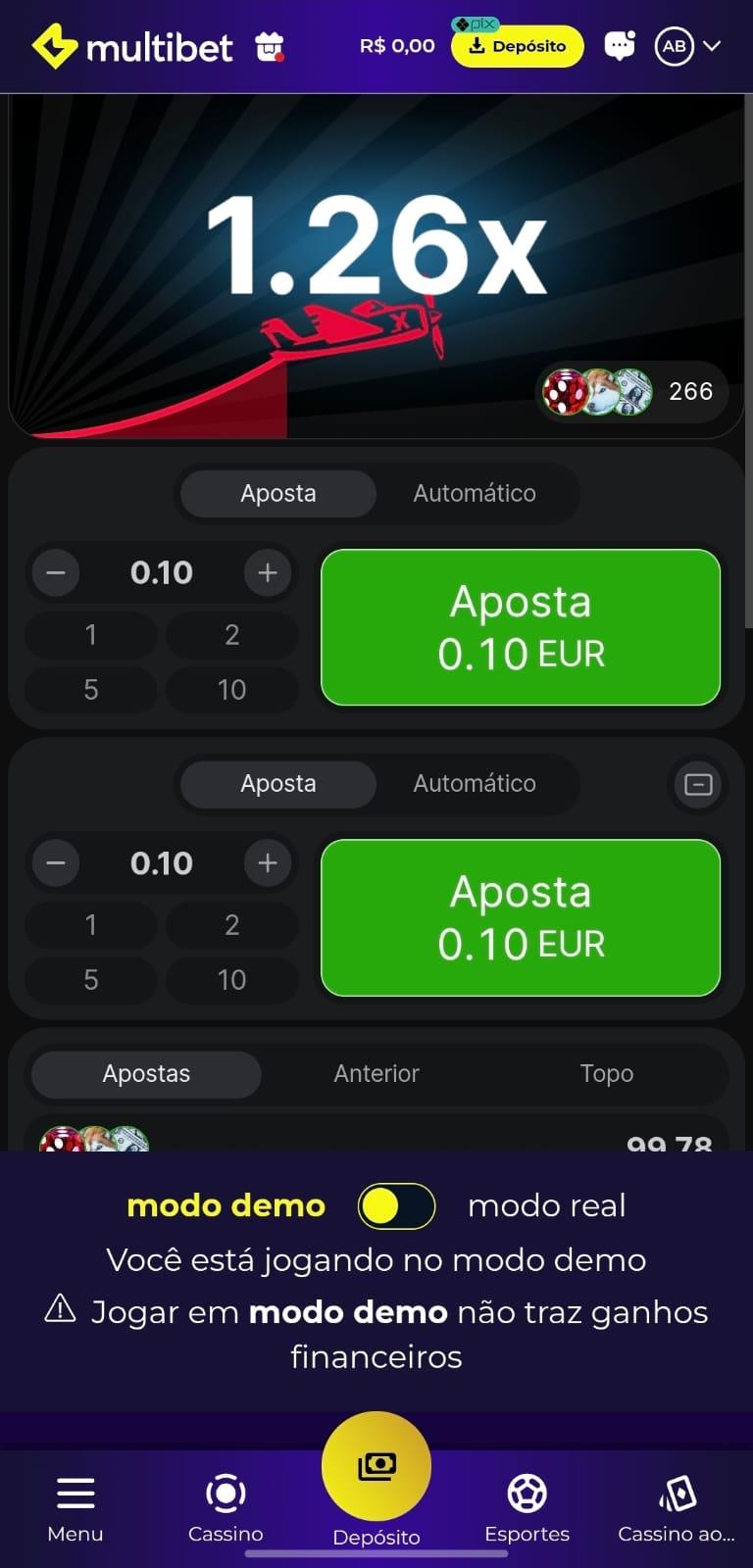 Captura de tela jogando Aviator na Multibet na versão demonstrativa.