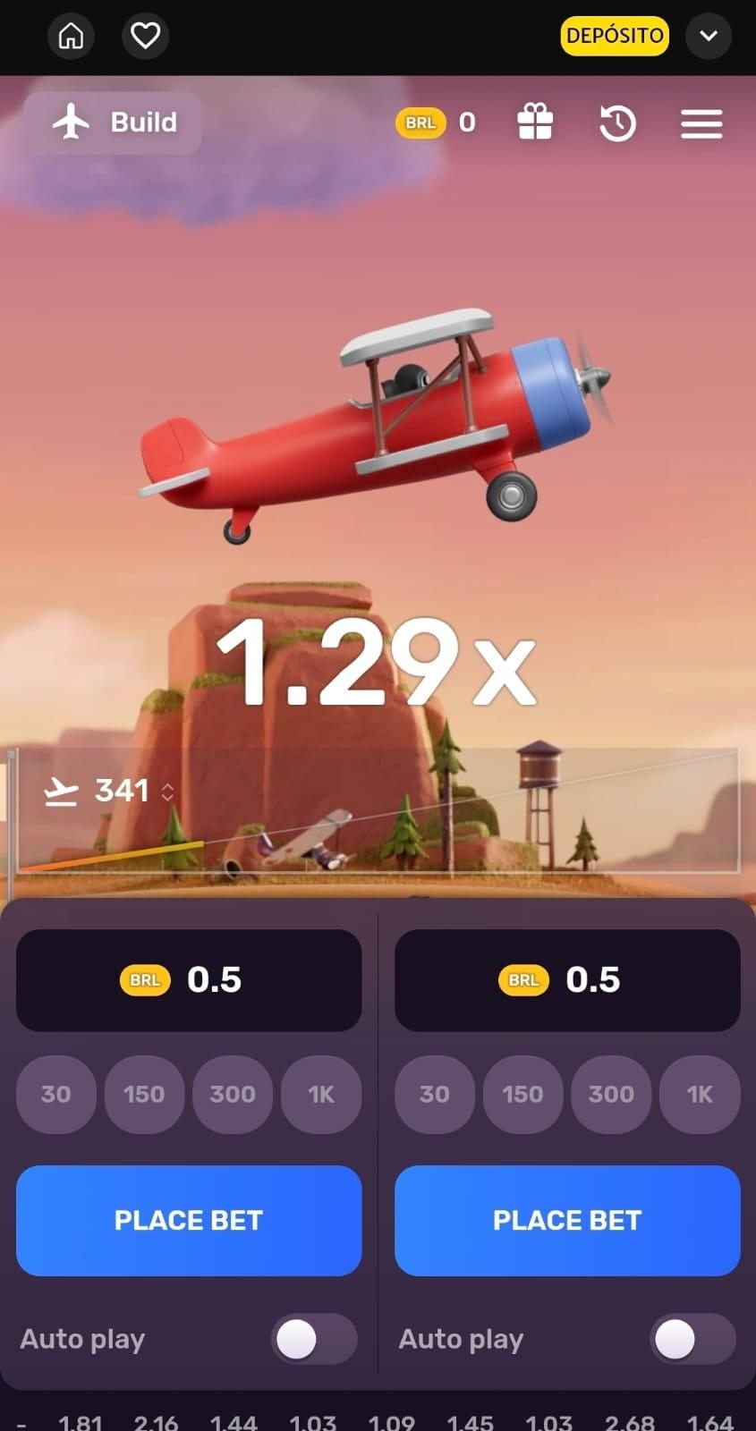 Captura de tela do Aviatir, um dos principais crash games de aviação na A247 exibindo a decolagem do avião e os botões de apostas.