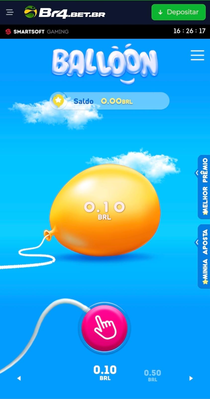 Captura de tela do jogo Balloon na Br4bet, mostrando os botões de apostas e a animação do balão inflado.