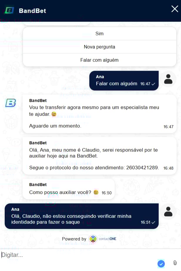 Atendimento no chat ao vivo com pergunta sobre KYC na BandBet