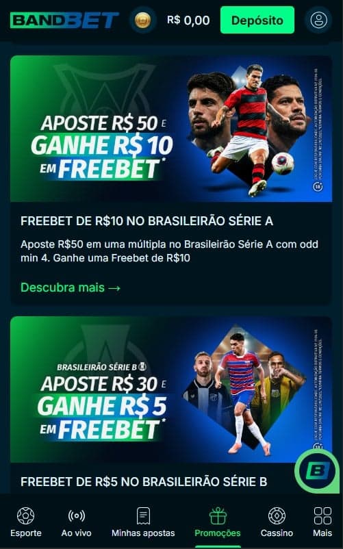 Captura de tela da oferta de freebets no Brasileirão na BandBet.