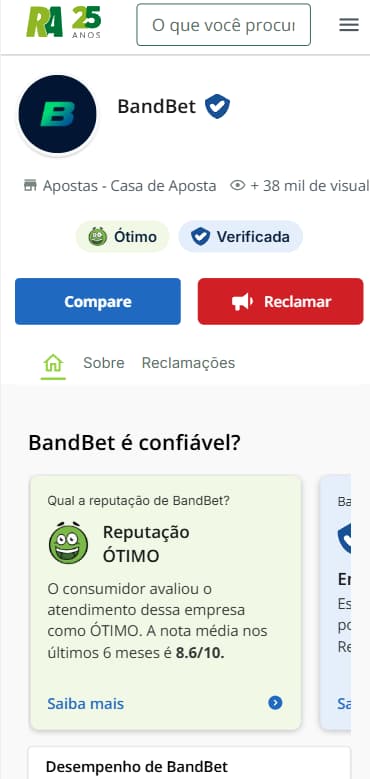 Reputação ótima da BandBet no Reclame Aqui