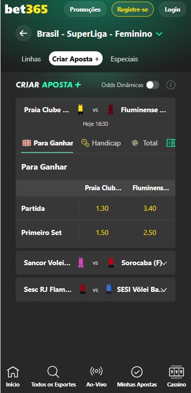 Interface da Bet365 para apostas com o Criar Aposta+
