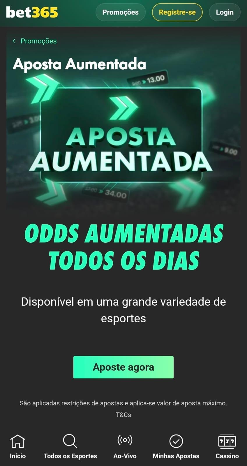 Captura de tela da página da oferta Aposta Aumentada disponível para as melhores ligas de futebol mundial.