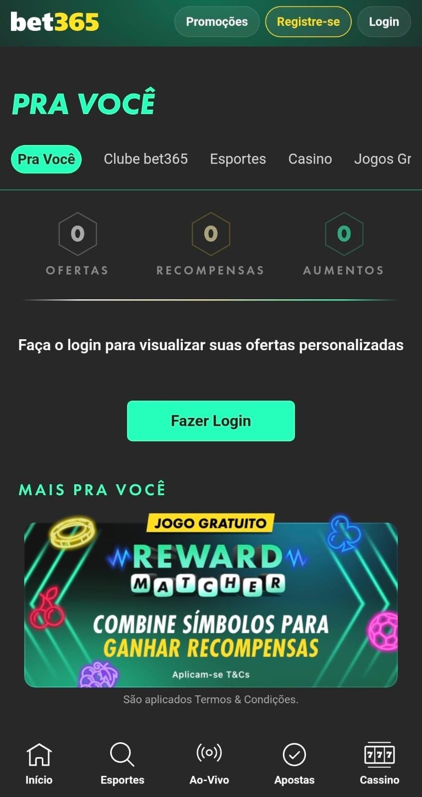 Captura de tela da bet365 exibindo as promoções disponíveis como o Rewards Matcher.
